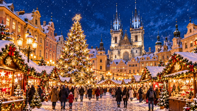 Golden Glow at a Snowy Christmas Market
