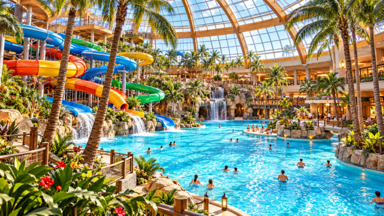 Sunlit indoor water park paradise